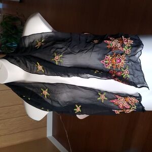 Sheer black embroidered rectangle scarf with beading